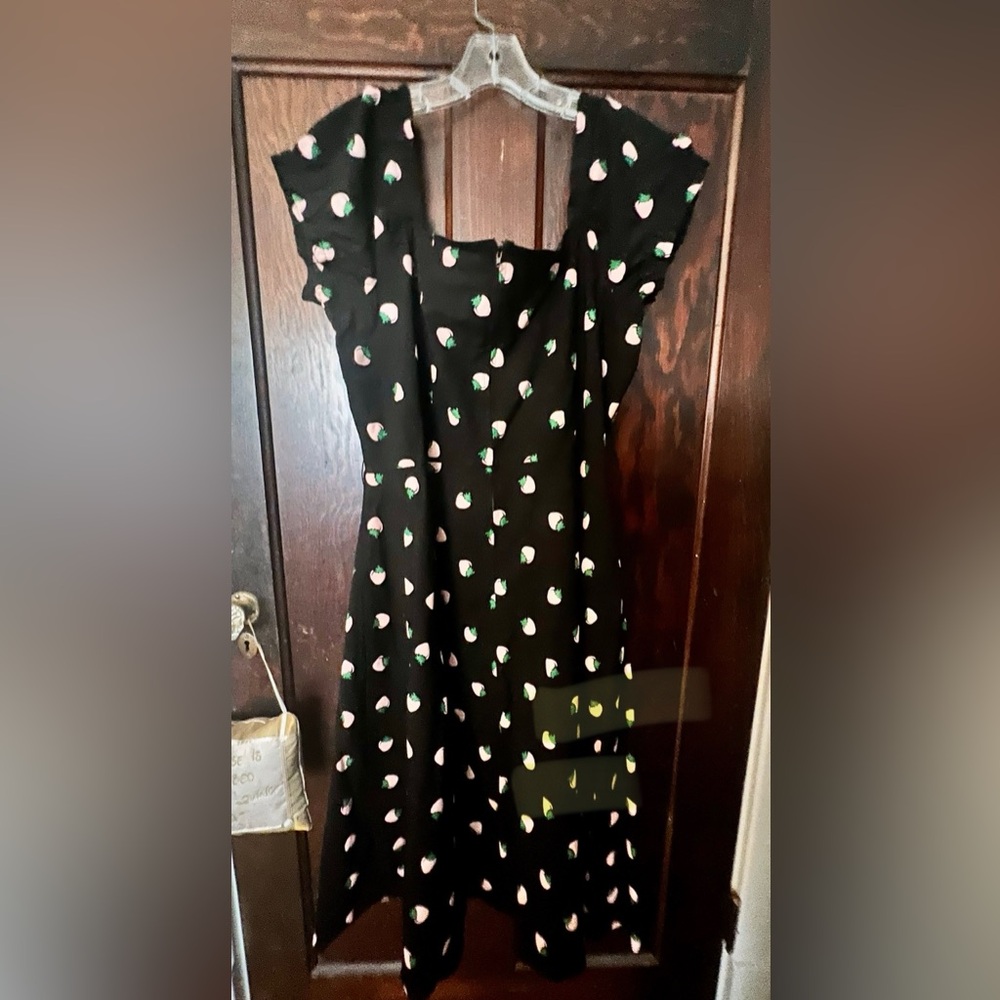 Unique Vintage Black and Pink Strawberry Puff Sleeve Shirtwaist Dress